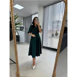 Kadın Kısa Kollu Bisiklet Yaka Fiyonk Broşlu Midi Janjan Krep Elbise