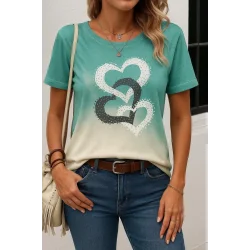 Kadın Kısa Kollu Bisiklet Yaka Kalp Baskılı Süprem Bluz
