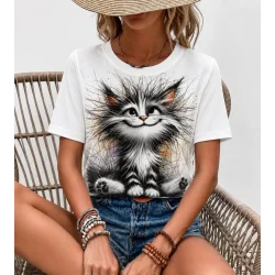 Kadın Kısa Kollu Bisiklet Yaka Kedi Baskılı Süprem Bluz