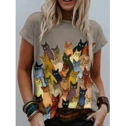 Kadın Kısa Kollu Bisiklet Yaka Kedi Desenli Süprem Bluz