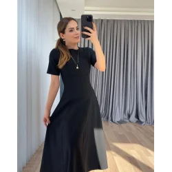 Kadın Kısa Kollu Bisiklet Yaka Maksi Boy Ithal Krep Elbise