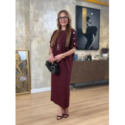 Kadın Kısa Kollu Bisiklet Yaka Omuzdan Düğmeli Uzun Viskon Iki Iplik Elbise