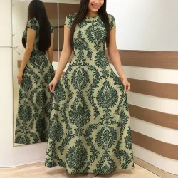 Kadın Kısa Kollu Bisiklet Yaka Puantiyeli Maksi örme Krep Elbise