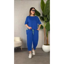 Kadın Kısa Kollu Bisiklet Yaka Viskon Iki Iplik Bluz Ve Pantolon Ikili Takım