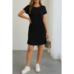 Kadın Kısa Kollu Bisiklet Yaka Viskon Iki Iplik Elbise
