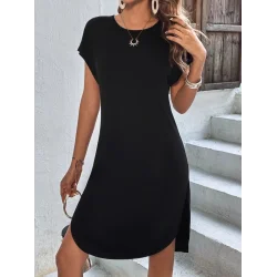 Kadın Kısa Kollu Bisiklet Yaka Viskon Iki Iplik Elbise