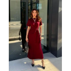 Kadın Kısa Kollu Bisiklet Yaka Yandan Bağlamalı Viskon Iki Iplik Elbise