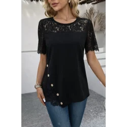 Kadın Kısa Kollu Dantel Detaylı Yandan Düğmeli Waffle Bluz