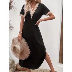 Kadın Kısa Kollu Dantel V Yakalı Uzun Viskon Elbise