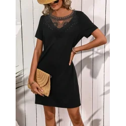 Kadın Kısa Kollu Dantel Yakalı Kısa Viskon Elbise
