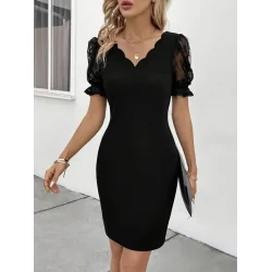 Kadın Kısa Kollu Dantelli V Yakalı Yanlardan Büzgülü çapraz Detaylı Ithal Krep Elbise