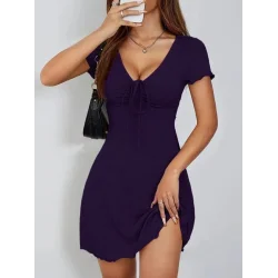 Kadın Kısa Kollu Derin Büzgülü V Yakalı Viskon Elbise