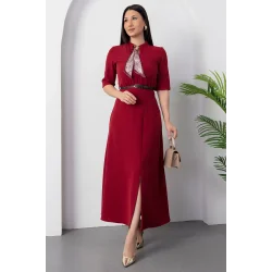 Kadın Kısa Kollu Fular Ve Kemer Detay önden Yırtmaçlı Maxi Boy Elbise