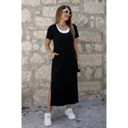 Kadın Kısa Kollu Içi Atlet Görünümlü Yandan Yırtmaçlı Uzun Viskon Elbise