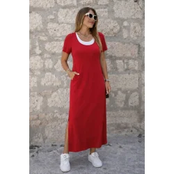 Kadın Kısa Kollu Içi Atlet Görünümlü Yandan Yırtmaçlı Uzun Viskon Elbise