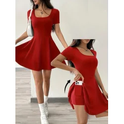 Kadın Kısa Kollu Kare Yaka Short Detaylı Cepli Dalgıç Elbise