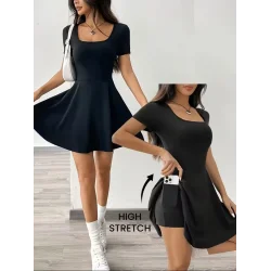 Kadın Kısa Kollu Kare Yakalı Cep Detaylı Dalgıç Elbise Tulum