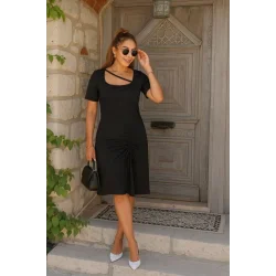 Kadın Kısa Kollu Kare Yakalı Ip Detaylı Janjan Krep Elbise