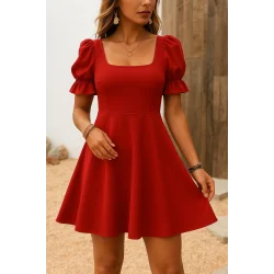 Kadın Kısa Kollu Kare Yakalı Kiloş Ithal Krep Elbise