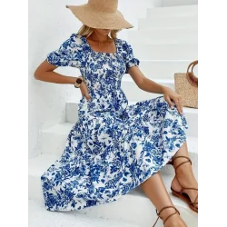 Kadın Kısa Kollu Kare Yakalı Lastikli Desenli Süprem Elbise