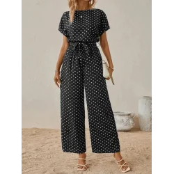 Kadın Kısa Kollu Kayık Yaka Belden Kuşaklı örme Krep Tulum