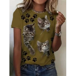 Kadın Kısa Kollu Kedi Ve Pati Baskılı Süprem T-shirt