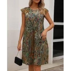 Kadın Kısa Kollu Kolları Fırfırlı Bisiklet Yakalı Kare Desenli Elbise