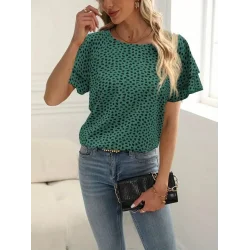 Kadın Kısa Kollu Kolları Volanlı Baskılı Süprem Bluz