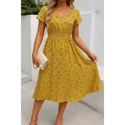 Kadın Kısa Kollu Kruvaze Yaka Beli Lastikli çiçek Desenli Elbise