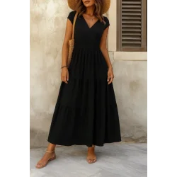 Kadın Kısa Kollu Kruvaze Yaka Beli Lastikli Süprem Maksi Boy Elbise