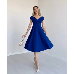 Kadın Kısa Kollu Kruvaze Yaka Eteği Volanlı Krep Elbise