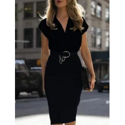 Kadın Kısa Kollu Kruvaze Yaka Krep Elbise (Kemersiz)