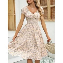 Kadın Kısa Kollu Kruvaze Yaka Lastikli Belden Gipeli çiçek Desenli Suprem Elbise