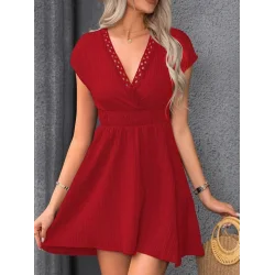 Kadın Kısa Kollu Kruvaze Yakalı Beli Lastikli Bürümcük Elbise