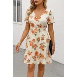 Kadın Kısa Kollu Kruvaze Yakalı Desenli Süprem Kısa Elbise