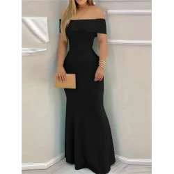 Kadın Kısa Kollu Madonna Yaka Belden Oturtmalı Uzun Ithal Krep Elbise