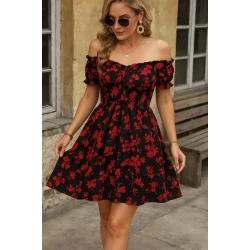 Kadın Kısa Kollu Madonna Yaka Beli Lastikli çiçek Desenli Kısa Süprem Elbise