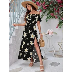 Kadın Kısa Kollu Madonna Yaka Fırfırlı Belden Yırtmaçlı Maksi örme Krep Elbise