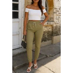 Kadın Kısa Kollu Madonna Yaka Viskon Crop Bluz Cepli Iki Iplik Eşofman Takım