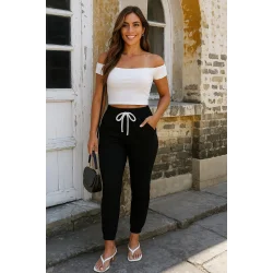 Kadın Kısa Kollu Madonna Yaka Viskon Crop Bluz Cepli Iki Iplik Eşofman Takım