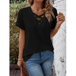 Kadın Kısa Kollu önden çapraz Detay V Yakalı Viskon Bluz