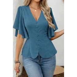 Kadın Kısa Kollu önden Düğmeli Ithal Krep Bluz