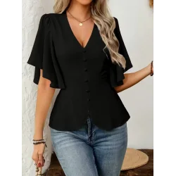 Kadın Kısa Kollu önden Düğmeli Ithal Krep Bluz
