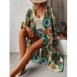 Kadın Kısa Kollu önü Açık Belden Kuşaklı Uzun Kimono
