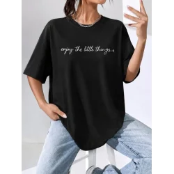 Kadın Kısa Kollu önü Yazı Baskılı Basic Viskon Bluz
