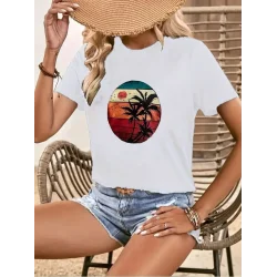 Kadın Kısa Kollu Palmiye Baskılı Viskon T-shirt