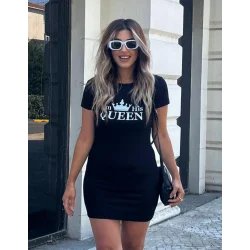 Kadın Kısa Kollu Queen Baskı Iki Iplik Mini Elbise