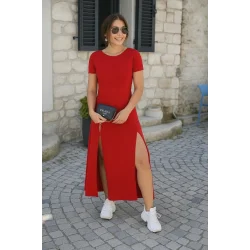 Kadın Kısa Kollu Sırt Dekolteli Yırtmaç Detaylı Viskon Elbise