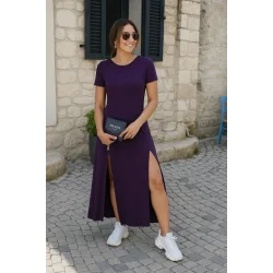 Kadın Kısa Kollu Sırt Dekolteli Yırtmaç Detaylı Viskon Elbise