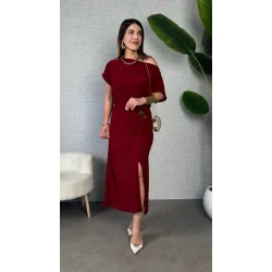 Kadın Kısa Kollu Tek Omuzdan Açık Beli Lastikli Sandy Maxi Elbise